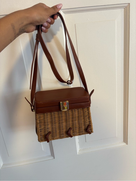 Zara Handbags - Zara Tan Woven Crossbody with Brown Leather Trim